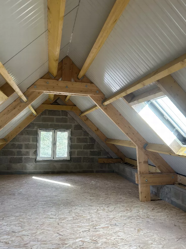 Combles avec charpente en bois apparente et fenêtres de toit